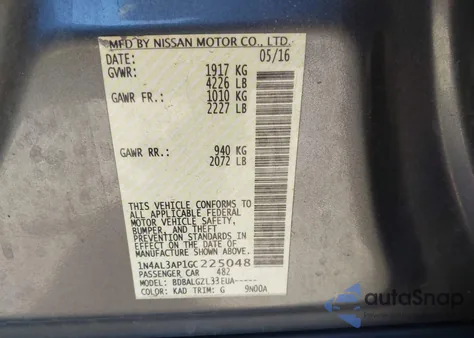 2016 Nissan Altima 2.5/2.5 S/2.5 Sl/2.5 Sr/2.5 Sv z USA, uszkodzony, nr VIN 1N4AL3AP1GC225048